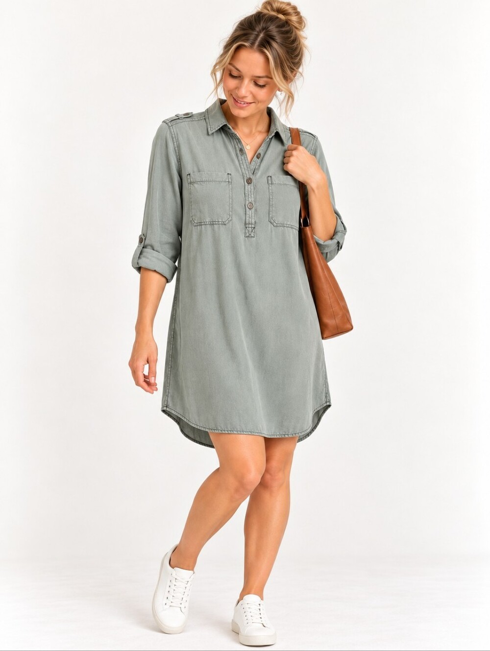 SO Washed Sage Olive Green Shirt Dress Roll Tab Sleeve Button Front Juniors M